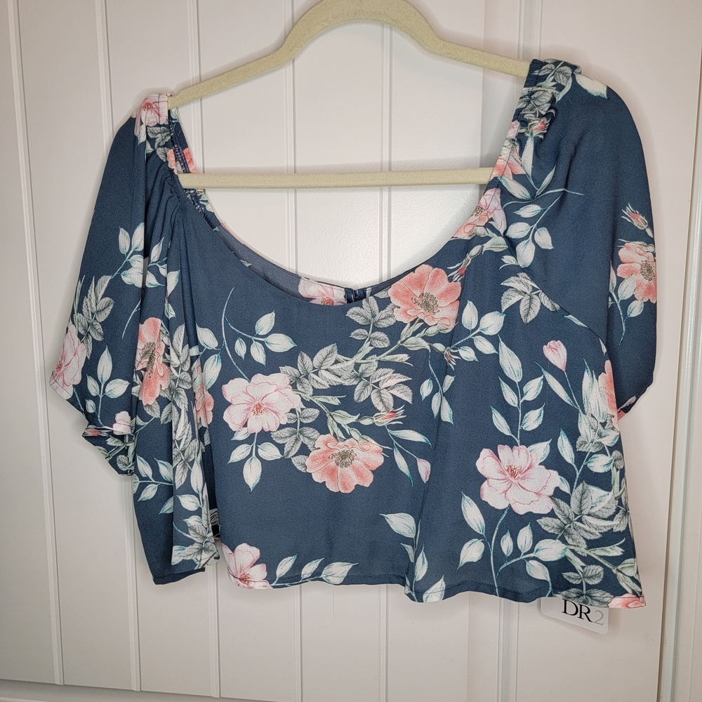 DR2 Leith Women's Floral Blue Crop Top, Off The Shoulder Sleeves, Shelf Bra, XXL
